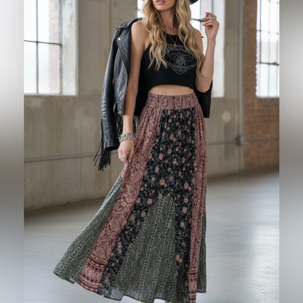 NWT Angie Boho Mixed Media Floral Print Maxi Skirt - Picture 9 of 9